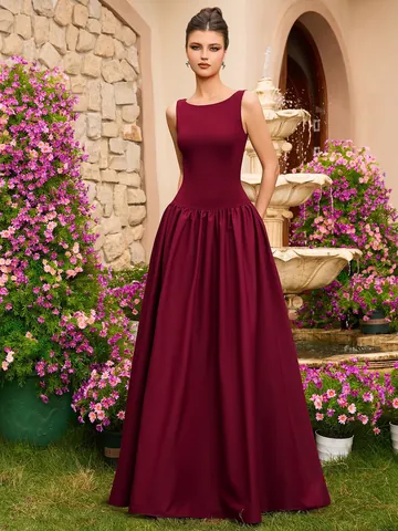 Vestito da Sera da Donna Elegante in Raso Rosso Vino Senza Maniche Vestibilità Slim a Vita Stretta Maxi Orlo Formale Banchetto Festa Abito Lungo