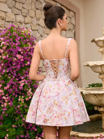Abito Mini a Canotta Floreale in Stile Francese per Donna Estate Dolce Piccante Vita Snellente Gonna a Sbuffo Schiena Scoperta