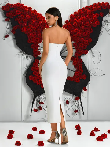 Abito Longuette Bandage Bianco Spalle Scoperte Elegante Con Strass Senza Spalline Aderente da Sera Per Donna