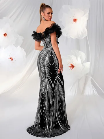 Abito da Sera di Lusso con Volant e Paillettes a Spalle Scoperte Vestito Lungo a Sirena in Maglia per Banchetti e Feste
