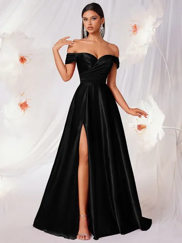 Elegante Abito da Sera in Raso Opaco Spalle Scoperte Sexy Spacco Alto Plissettato Bodycon Vestito Lungo per Banchetto Festa Donna