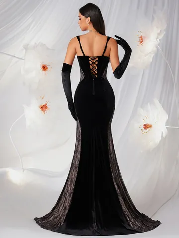 Elegante Abito da Sera Nero in Velluto con Pizzo a Sirena per Donna Slim Fit Stecche Spalline Sottili Lungo Abito da Festa Formale