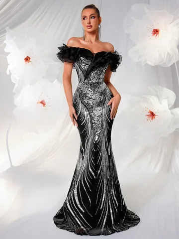 Abito da Sera di Lusso con Volant e Paillettes a Spalle Scoperte Vestito Lungo a Sirena in Maglia per Banchetti e Feste