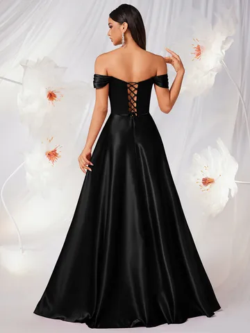 Elegante Abito da Sera in Raso Opaco Spalle Scoperte Sexy Spacco Alto Plissettato Bodycon Vestito Lungo per Banchetto Festa Donna