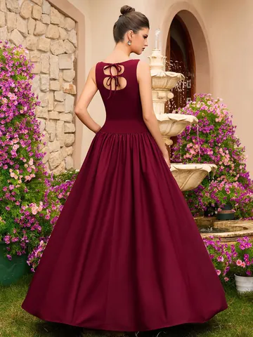 Vestito da Sera da Donna Elegante in Raso Rosso Vino Senza Maniche Vestibilità Slim a Vita Stretta Maxi Orlo Formale Banchetto Festa Abito Lungo