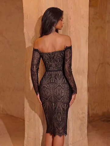Abito Midi in Pizzo a Scollo a Barca Vintage Francese da Donna Corsetto a Lisca di Pesce Sexy Abito da Sera Aderente