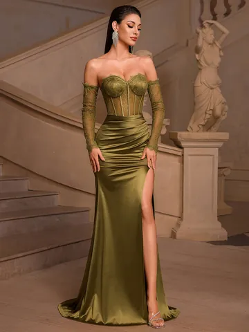Vestito da Donna in Pizzo con Maniche Trasparenti di Lusso Pesante Artigianato High End Aderente Spacco Alto Satin Banchetto Abito da Sera