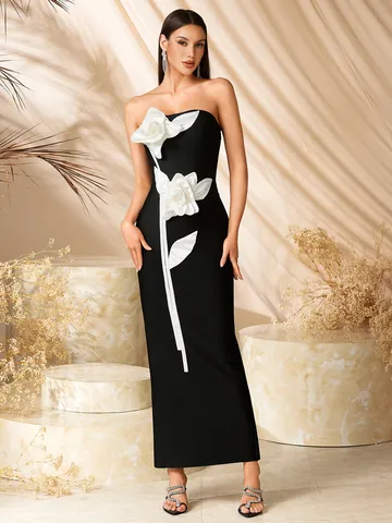 Vestito a Tubo da Donna Elegante a Contrasto Bianco e Nero Design con Fiori 3D Vestito Midi in Maglia Elastan per Banchetti