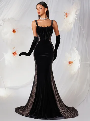 Elegante Abito da Sera Nero in Velluto con Pizzo a Sirena per Donna Slim Fit Stecche Spalline Sottili Lungo Abito da Festa Formale