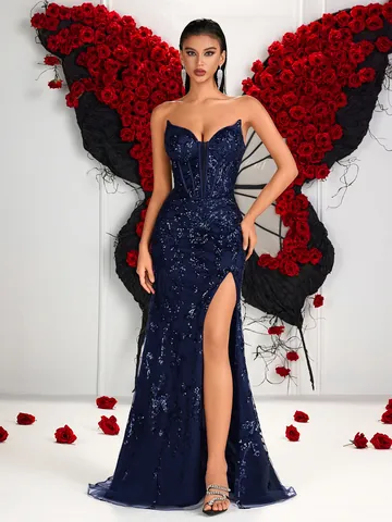 Abito da Sera Senza Spalline con Ricamo di Paillettes Blu Marino Sexy Sirena con Spacco Alto Festa per Donna