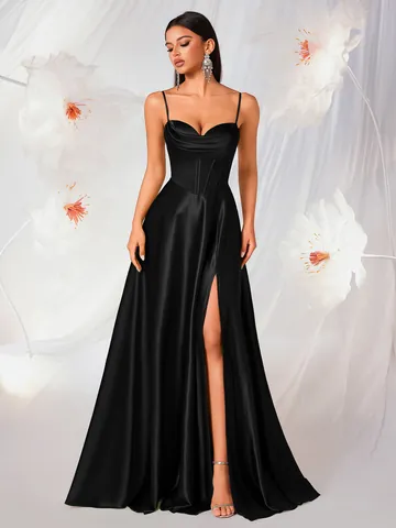 Elegante Abito da Sera in Raso con Corsetto Spalline Sottili Spacco Alto Schiena Scoperta Bodycon Vestito da Festa Banchetto Donna