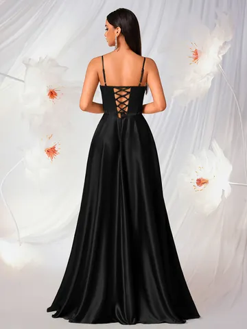 Elegante Abito da Sera in Raso con Corsetto Spalline Sottili Spacco Alto Schiena Scoperta Bodycon Vestito da Festa Banchetto Donna