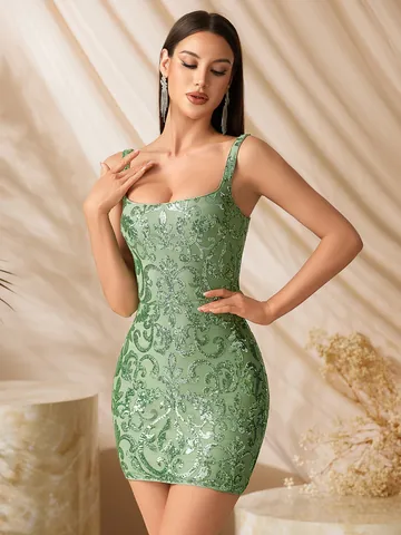 Abito da Donna Mini con Paillettes Spalline Vintage Verde Chiaro Fantasia Floreale Sexy Bodycon Sera Festa Senza Maniche