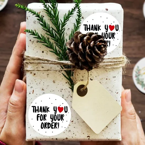 Round Copperplate Paper Adhesive Labels Featuring Thank You Heart Design For Business Gift Packaging And Sealing Stationery Decor