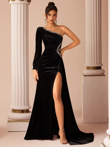Elegante Vestito da Sera Monospalla in Velluto per Donna Lusso Strass Spacco Sirena Maxi Abito per Banchetto Festa