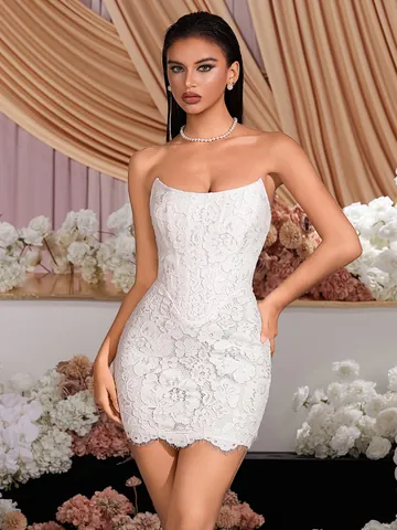 Abito Mini in Pizzo Bianco Elegante Francese per Donna Abito da Sera Sexy e Aderente per Banchetti