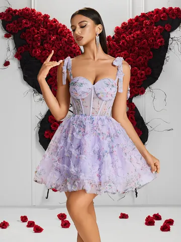 Abito Mini Corsetto Floreale Viola Chiaro da Donna Con Spalline Sottili e Orlo a Volant in Rete per Festa Compleanno
