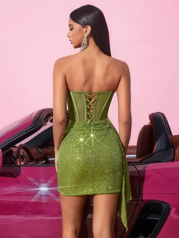 Vestito Mini da Donna Senza Spalline con Paillettes Mesh Patchwork Corsetto Bodycon Party Vestito da Sera Elegante Verde