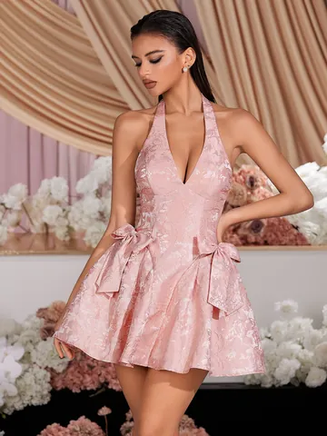 Elegante Vestito Mini in Jacquard Rosa da Donna Scollo V Profondo all'Americana Abito da Sera Slim Fit Con Fiocco Grande per Banchetti