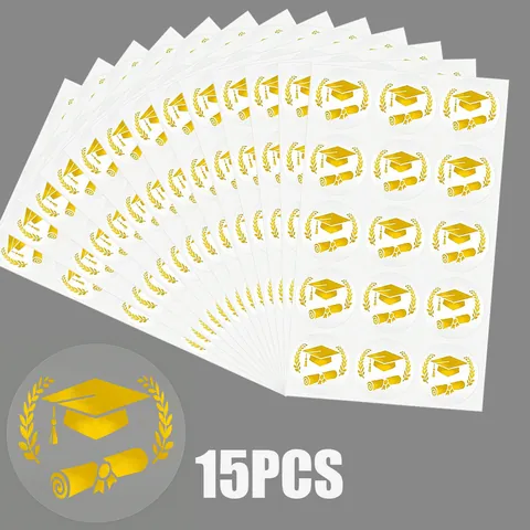 Pegatinas de Graduación con Birrete y Diploma en Pan de Oro Etiquetas Autoadhesivas Impermeables para Sello de Sobres