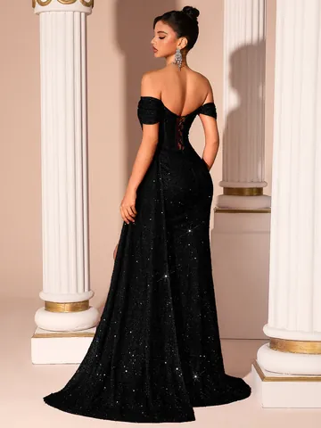 Abito da Sera da Donna con Spalle Scoperte e Paillettes Vestibilità Aderente a Sirena Maxi per Matrimonio Banchetto Festa con Spacco Alto