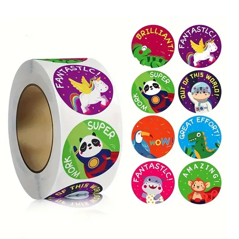 500 Pcs Reward Stickers Roll For Kids Teachers Motivational Cartoon Animals Pattern Labels Classroom Decor Stickers