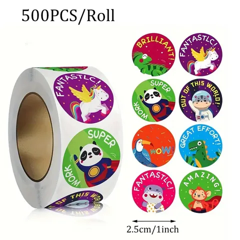500 Pcs Reward Stickers Roll For Kids Teachers Motivational Cartoon Animals Pattern Labels Classroom Decor Stickers