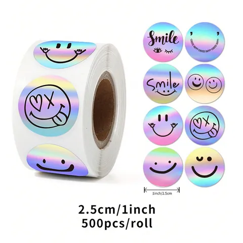 Holographic Smiley Face Stickers Roll Rainbow Thank You Decorative Labels For Gift Wrapping Bakery Sealing Round Stickers