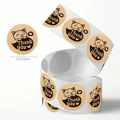 Schattige Kat Kraft Papier Stickers Rol Dank U Zegel Etiketten Voor Bakken Cadeauverpakking Ronde Zelfklevende Decoratieve Stickers