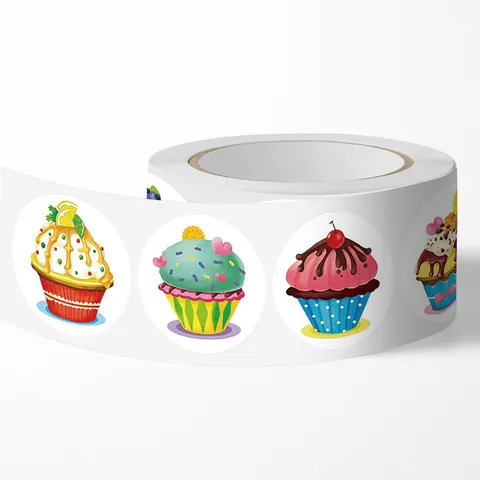 Pegatinas de Cupcake de Dibujos Animados Rollo de Etiquetas Redondas PVC Autoadhesivo para Repostería Caja de Regalo Sellado
