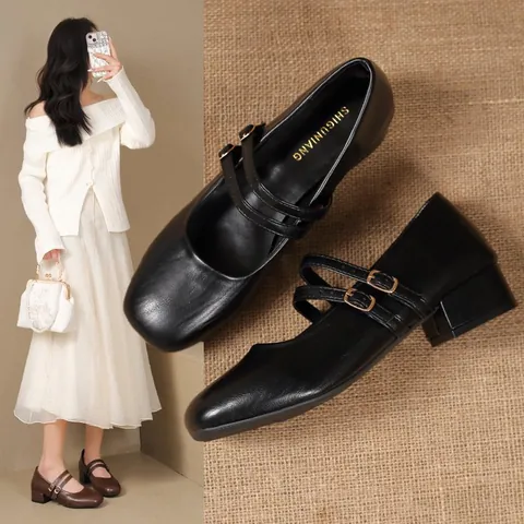 Zapatos Mary Jane Estilo Francés para Mujer Punta Cuadrada Tiras Dobles Zapatos Planos Retro Versátiles Casuales