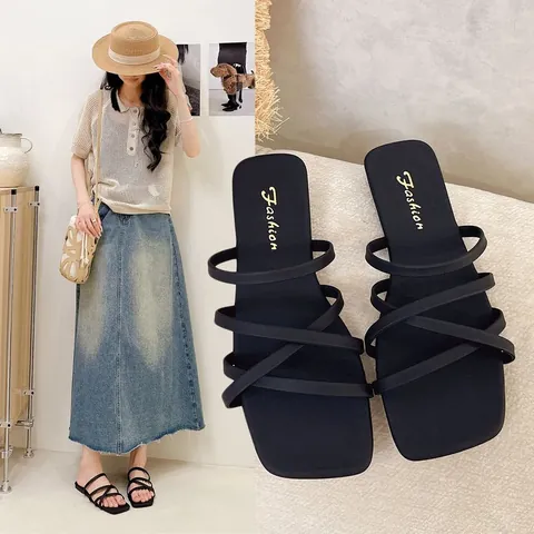 Sandali Bassi a Punta Quadrata da Donna Estivi Minimalisti con Cinturini Incrociati Ciabatte Casual Spiaggia PU Gomma