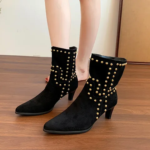Botas de Moda para Mujer Vintage Francés Punta Fina Gamuza Remaches Media Caña Sin Cierre Tacón de Aguja Botas Vestir Fiesta