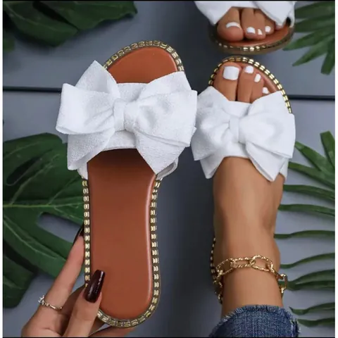 Women's Flat Rhinestone Bowknot Slides Casual Cotton Fabric Lightweight Summer Beach Slippers Outer Wear Sandals Fashion