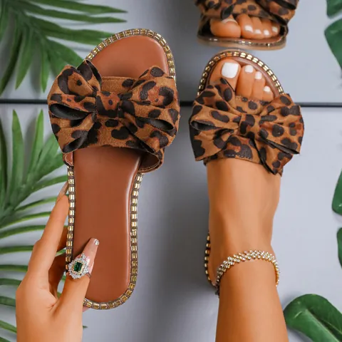 Women's Flat Rhinestone Bowknot Slides Casual Cotton Fabric Lightweight Summer Beach Slippers Outer Wear Sandals Fashion