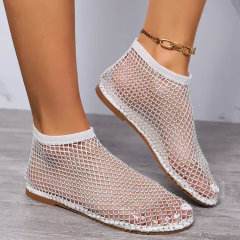 Damen Strass Netz Flache Sandalen Funkelnde Fischnetz Ausschnitt Sommerschuhe Atmungsaktiv Bequem Große Größe Kleidersandalen Für Party Urlaub