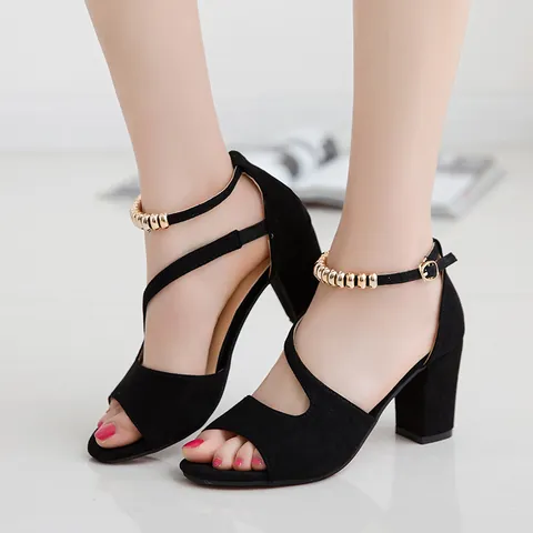 Women Block Heel Sandals Peep Toe Roman Style High Heels With Metal Bead Ankle Strap PU Casual Party Shoes