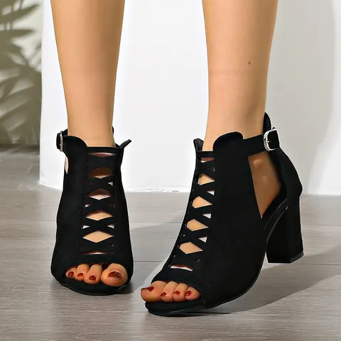 Damen Chunky High Heel Peep Toe Sandalen Kreuzriemen Ausschnitt Wildleder-Optik Römischer Stil Schnalle Übergröße Sommersandalen