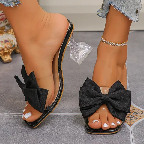 Sandali con Tacco Alto da Donna Sexy a Punta Quadrata con Fiocco Mules con Tacco a Calice Trasparente Cristallo Scarpe Estive