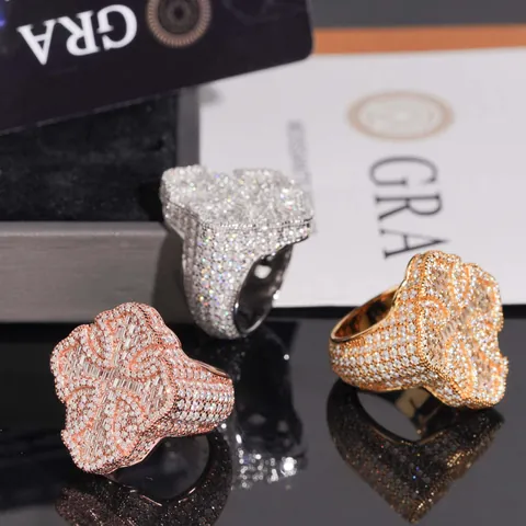 Anillo de Cruz Hip Hop Certificado GRA de Plata de Ley 925 con Moissanita Pavé para Hombre Mujer Joyería Iced Out