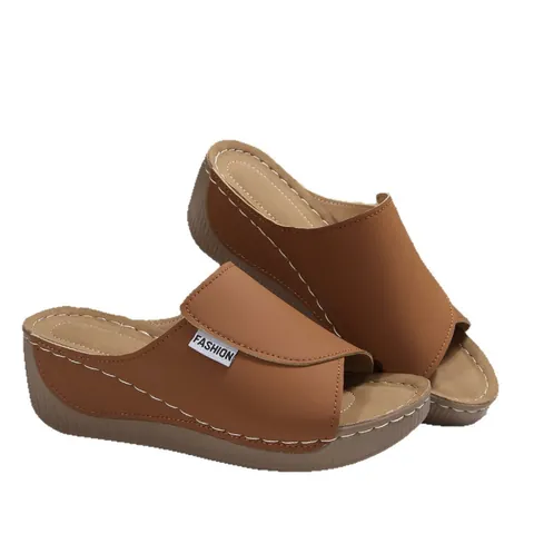 Women Wedge Platform Slippers Peep Toe One Strap Sandals Summer Beach Casual PU Leather Slides Stitching Detail Fashion Shoes