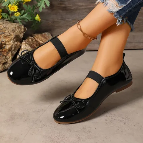 Women Rubber Mary Jane Flat Shoes Shallow Mouth Bowknot Elastic Strap Retro Soft Sole Princess Style Casual Ballet Flats