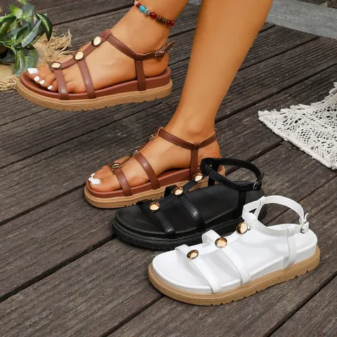 Sandali Casual da Donna Con Borchie e Cinturino a T in Pelle PU Suola Spessa Sandali Con Fibbia alla Caviglia Scarpe da Spiaggia