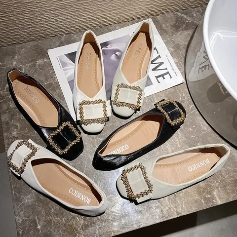 Korean Style Women PU Leather Rhinestone Square Buckle Flats Pointed Toe Shallow Mouth Ballet Single Shoes Large Size
