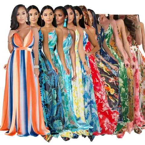 Women Sexy Deep V-Neck Backless Chiffon Maxi Dress Floral Tropical Leaf Printed Spaghetti Strap Resort Long Dress