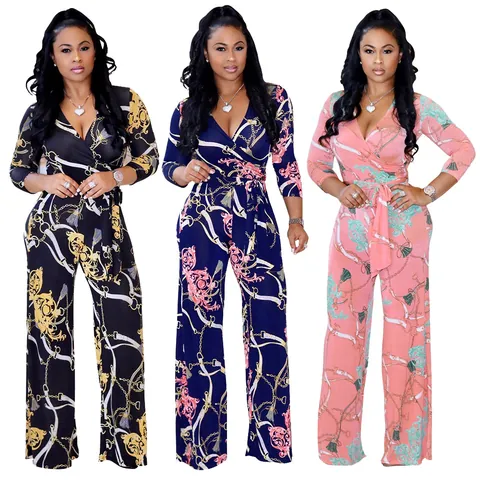 Combinaison Femme Sexy Col en V Profond Manches Longues Imprimé Chaîne Baroque Jambe Large avec Ceinture Polyester Top And Bottom