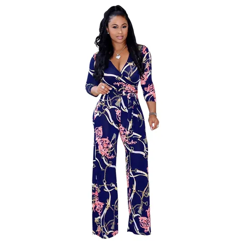 Combinaison Femme Sexy Col en V Profond Manches Longues Imprimé Chaîne Baroque Jambe Large avec Ceinture Polyester Top And Bottom