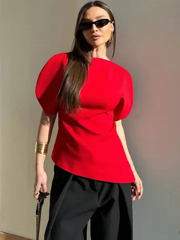 T-Shirt Décontracté Femme Mode Slim Col Rond Manches Bouffantes Ourlet Asymétrique Couleur Unie Haut Élégant Quotidien