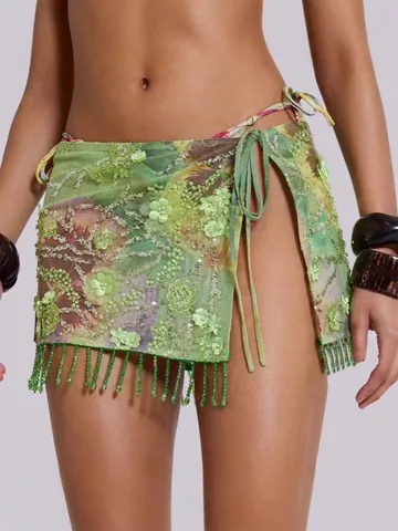 Polyester Sequin Floral Print Resort Mini Skirt With Beaded Tassels Sexy Beach Vacation Bodycon Skirt For Women