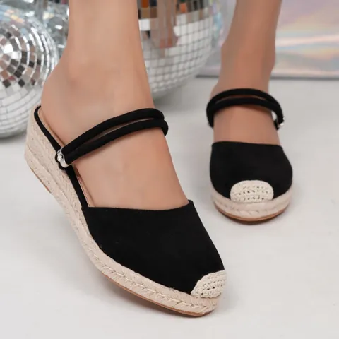 Dames Casual Fluweel Keilhak Sandalen Gesloten Neus Gevlochten Henneptouw Espadrilles Zomer Vakantie Schoenen Effen Kleur Enkelband Plateau Pumps